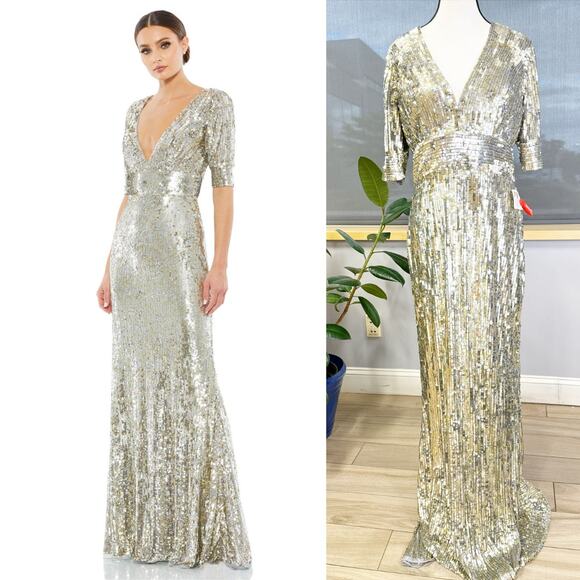 Mac Duggal Dresses & Skirts - Mac Duggal Platinum Gold Silver Sequined V Neck Gown Dress Size 10 4707